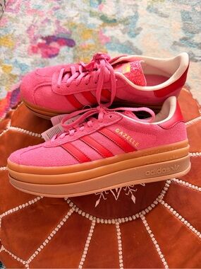 adidas Pink Gazelle Bold Platform Sneakers with Gum Sole Red Stripes